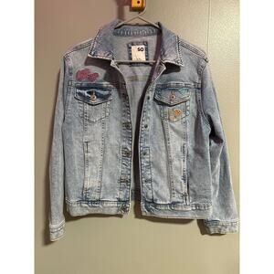 SO Denim Jacket Girls XL 14/16 Embroidered Flowers Smiley Face Jean Jacket